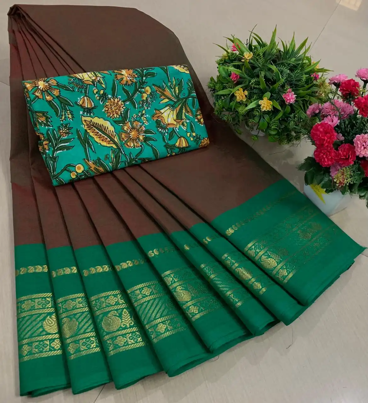 Brown Green Kalamkari Blouse Pure Cotton Saree